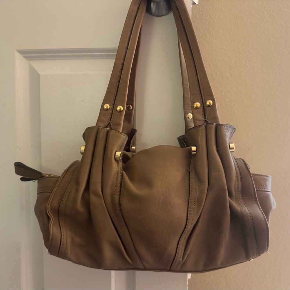 b. makowsky Tan Hobo Bag with Gold Accents